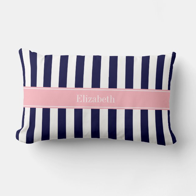 Navy Blue White Stripe Pink Name Monogram Lumbar Cushion (Front)
