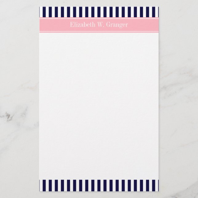 Navy Blue White Stripe Pink Name Monogram Stationery (Front)