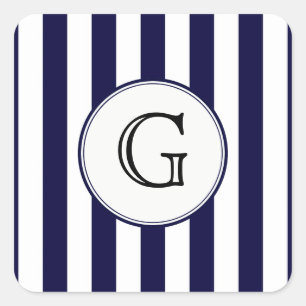 Navy Blue White Stripe Round Wht Monogram Label