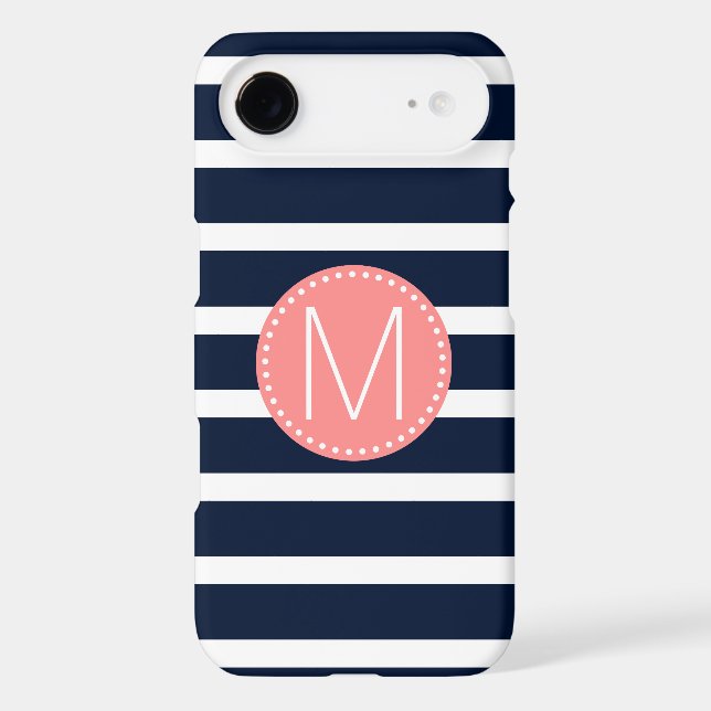 Navy Blue & White Stripe with Coral Monogram Case-Mate iPhone Case (Back)
