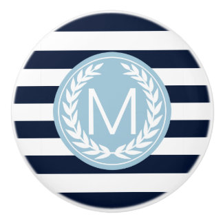 Navy Blue & White Stripe with Light Blue Monogram Ceramic Knob