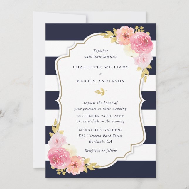 Navy Blue White Striped Blush Pink Floral Wedding Invitation (Front)