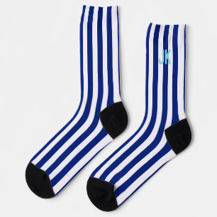 Navy Blue White Striped Monogram Custom Initials  Socks