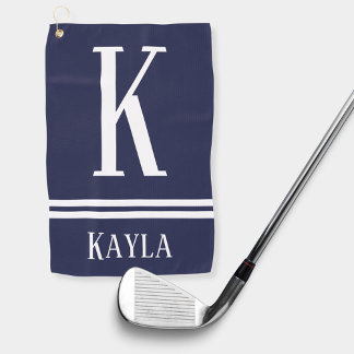 Navy Blue & White Striped Monogram Name Golf Towel