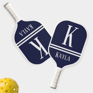 Navy Blue & White Striped Monogram Name Pickleball Paddle