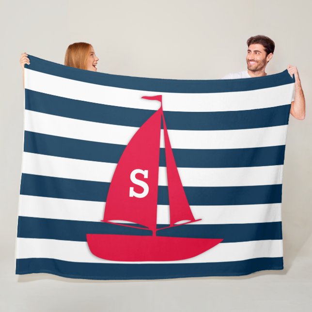 Navy Blue White Striped Monogram Red Boat Nautical Fleece Blanket (In Situ)