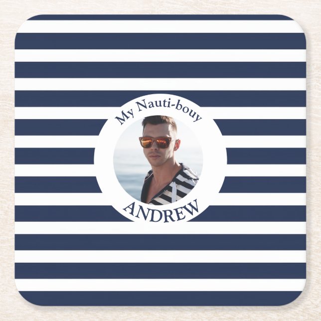 Navy Blue White Striped Nautical Photo  Square Paper Coaster (Front)