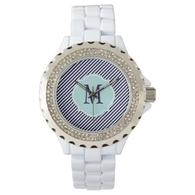 Navy Blue & White Striped Pattern Watch (Front)