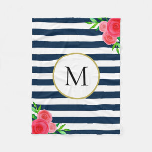 Navy Blue White Striped Watercolor Floral Monogram Fleece Blanket