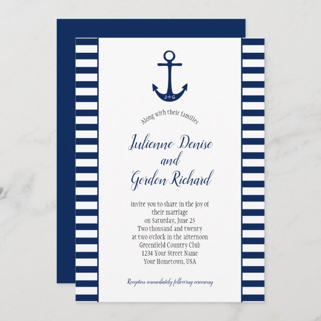 Navy Blue White Stripes Anchor Nautical Weddings Invitation (Front/Back)