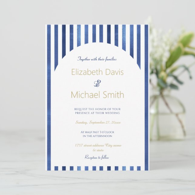Navy Blue & White Stripes Coastal Nautical Design Invitation (Standing Front)