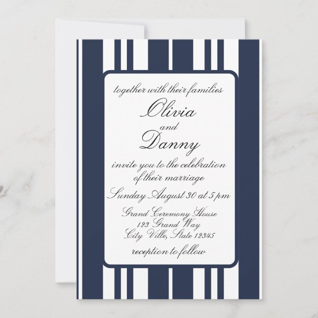 Navy Blue White Stripes Coastal Seaside Wedding Invitation (Front)
