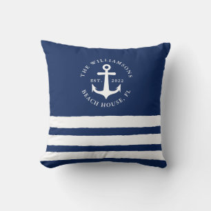 Navy Blue White Stripes Family Monogram Nautical Cushion