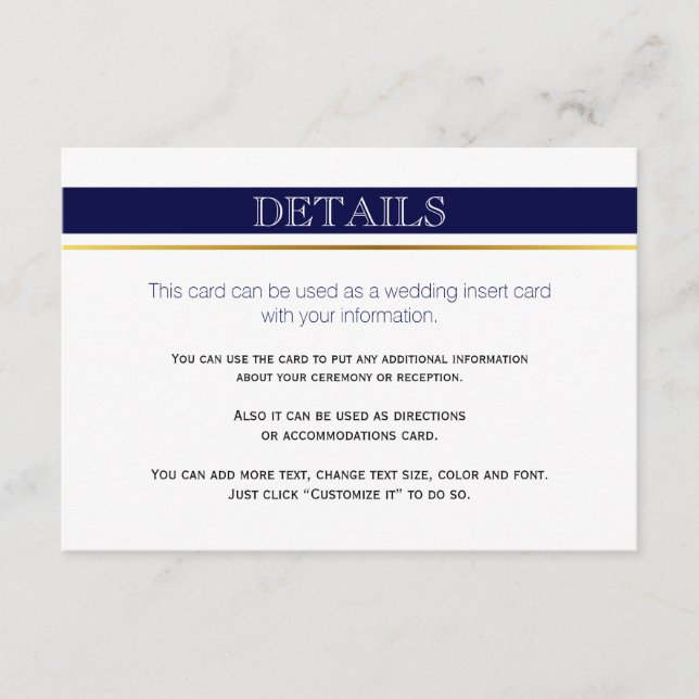 Navy blue & white stripes gold wedding insert card (Front)