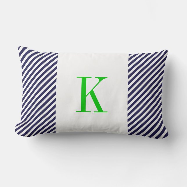 Navy Blue White Stripes Green Monogram Lumbar Cushion (Front)