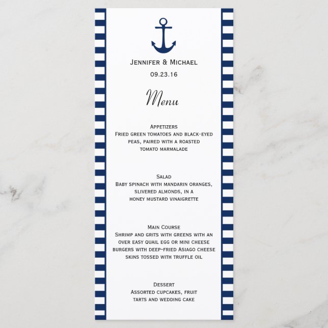 Navy Blue White Stripes Nautical Theme Menu (Front)