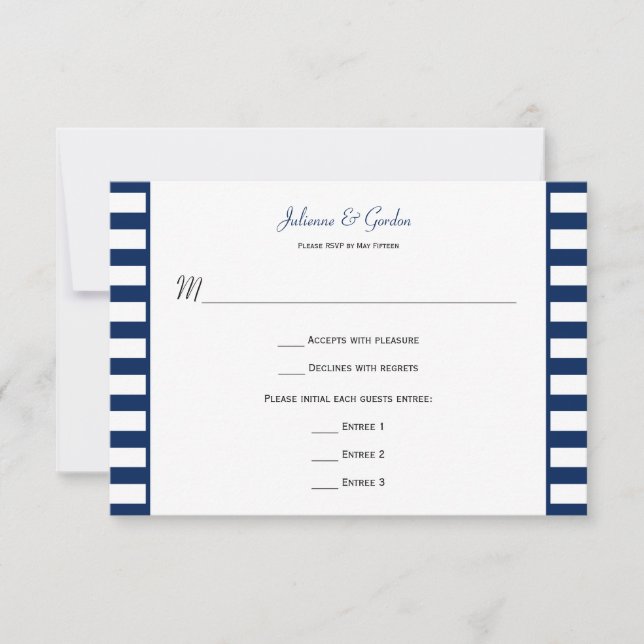 Navy Blue White Stripes Nautical Theme RSVP (Front)