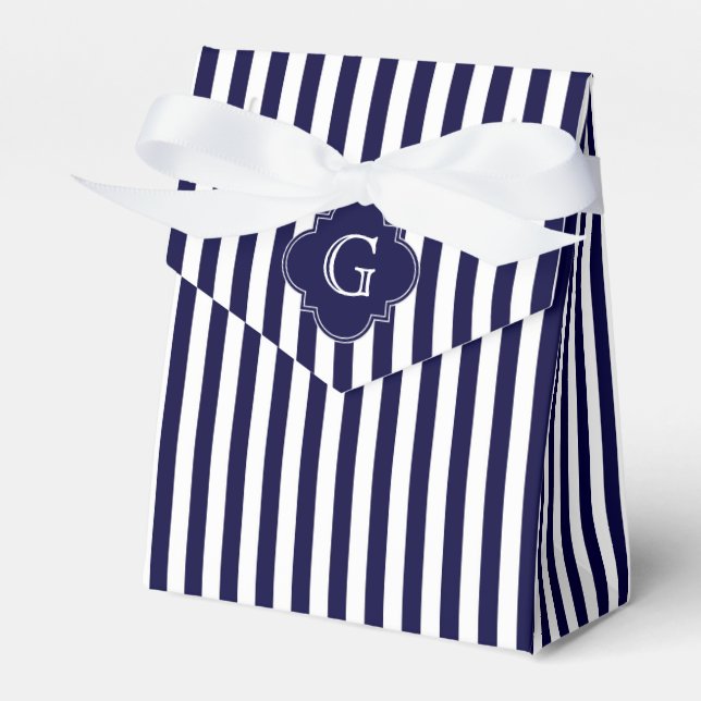 Navy Blue White Stripes, Navy Label Monogram Favour Box (Front Side)