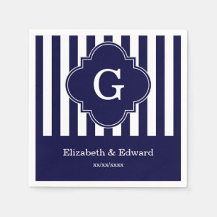Navy Blue White Stripes, Navy Label Monogram Napkin