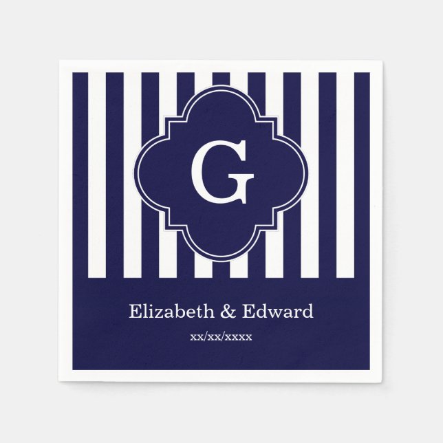 Navy Blue White Stripes, Navy Label Monogram Napkin (Front)