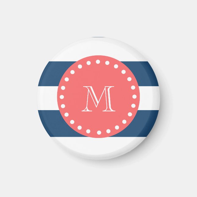Navy Blue White Stripes Pattern, Coral Monogram Magnet (Front)