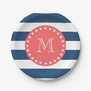 Navy Blue White Stripes Pattern, Coral Monogram Paper Plate