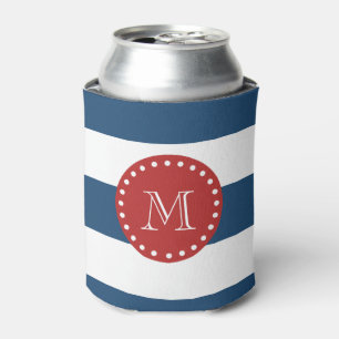 Navy Blue White Stripes Pattern, Red Monogram Can Cooler