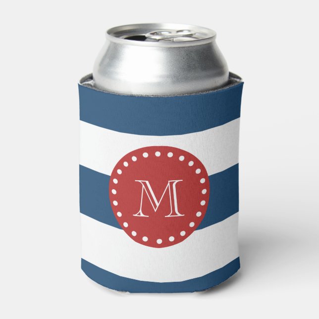 Navy Blue White Stripes Pattern, Red Monogram Can Cooler (Can Front)