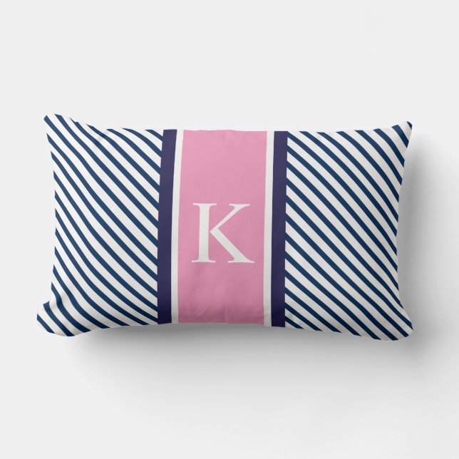 Navy Blue White Stripes & Pink Monogram Lumbar Cushion (Front)