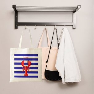 Navy blue white stripes red lobster name tote bag