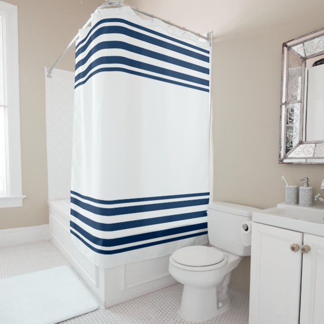 Navy Blue White Stripes Shower Curtain Nautical (In Situ)