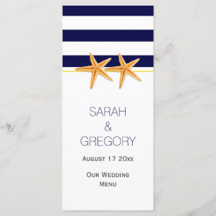 Navy blue white stripes starfish wedding menu card