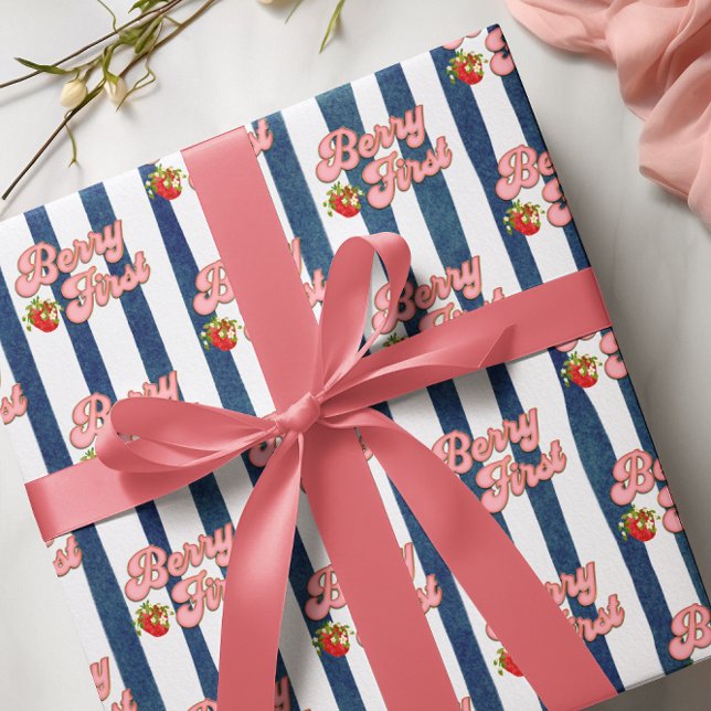  Navy Blue White Stripes Strawberry Birthday Wrapping Paper (Creator Uploaded)