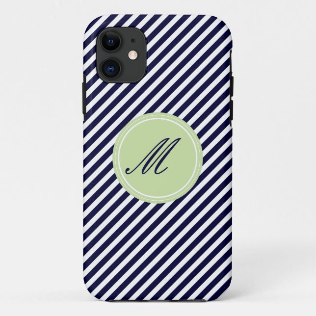 Navy Blue & White Stripes w Monogram iPhone 5 Case (Back)