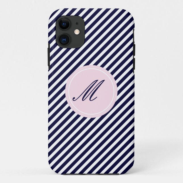 Navy Blue & White Stripes w Monogram iPhone 5 Case (Back)