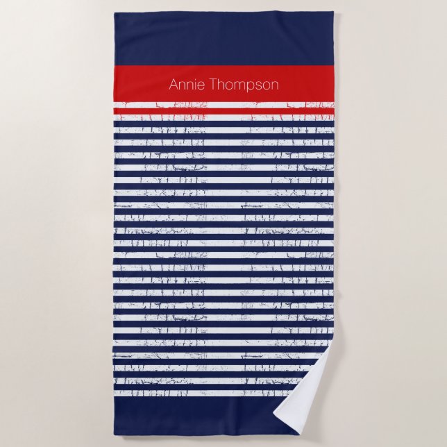 navy blue & white stripes with name beach towel (Front)