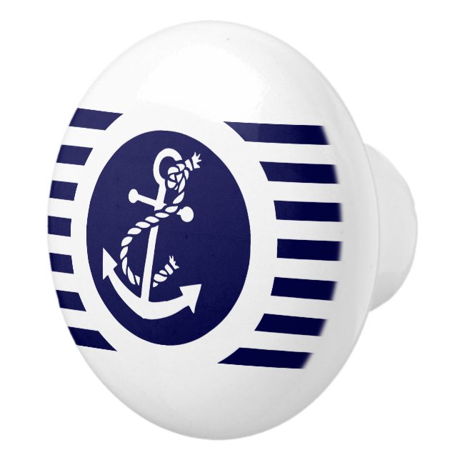 Navy Blue & White Stripes With Nautical Anchor Ceramic Knob (Right)