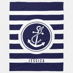 Navy Blue & White Stripes With Nautical Anchor Fleece Blanket