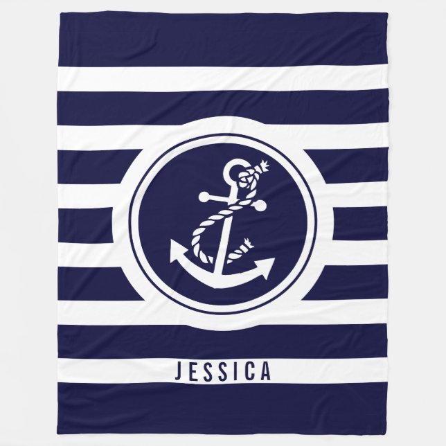 Navy Blue & White Stripes With Nautical Anchor Fleece Blanket (Front)