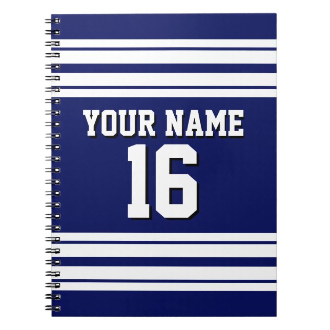 Navy Blue White Team Jersey Custom Number Name Spiral Notebook (Front)