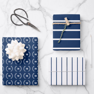 Navy Blue White Thin Stripes Initial Monogram Wrapping Paper Sheet