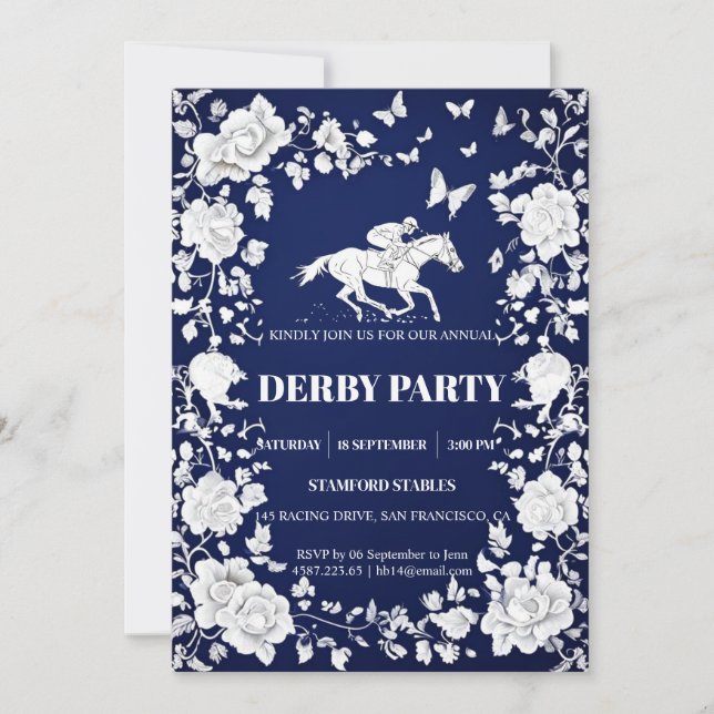 Navy Blue & White Toile Floral Kentucky Derby Invi Invitation (Front)