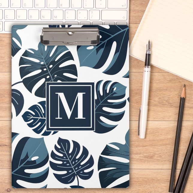 Navy Blue & White Tropical Monstera Leaf  Clipboard (Creator Uploaded)