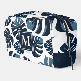 Navy Blue & White Tropical Monstera Leaf Dopp Kit
