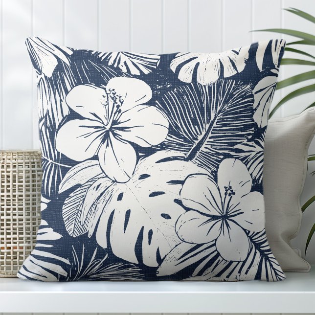 Navy Blue & White Tropical Throw Pillow (Creator Uploaded)