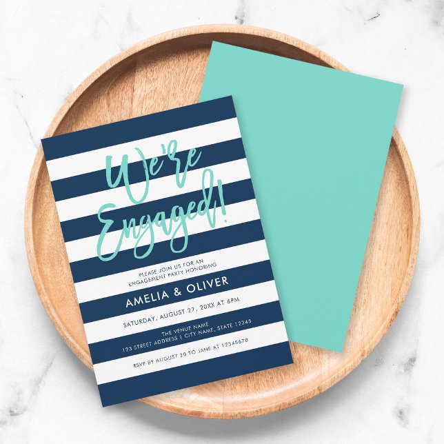 Navy Blue & White Turquoise Engagement Party Invitation (Creator Uploaded)