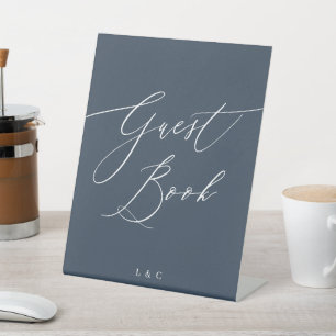 Navy Blue White Typography Wedding Guest Book Pedestal Sign