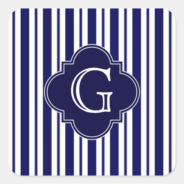 Navy Blue White Uneven Stripes Navy Monogram Label (Front)