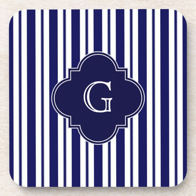 Navy Blue White Uneven Stripes Navy Monogram Label Coaster (Front)
