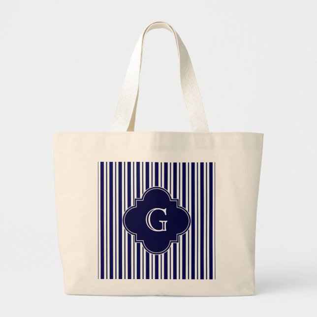 Navy Blue White Uneven Stripes Navy Monogram Label Large Tote Bag (Front)